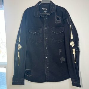 TRIO Urban Black Distressed Denim Jacket “Wild Spirit” Graphic | Size L